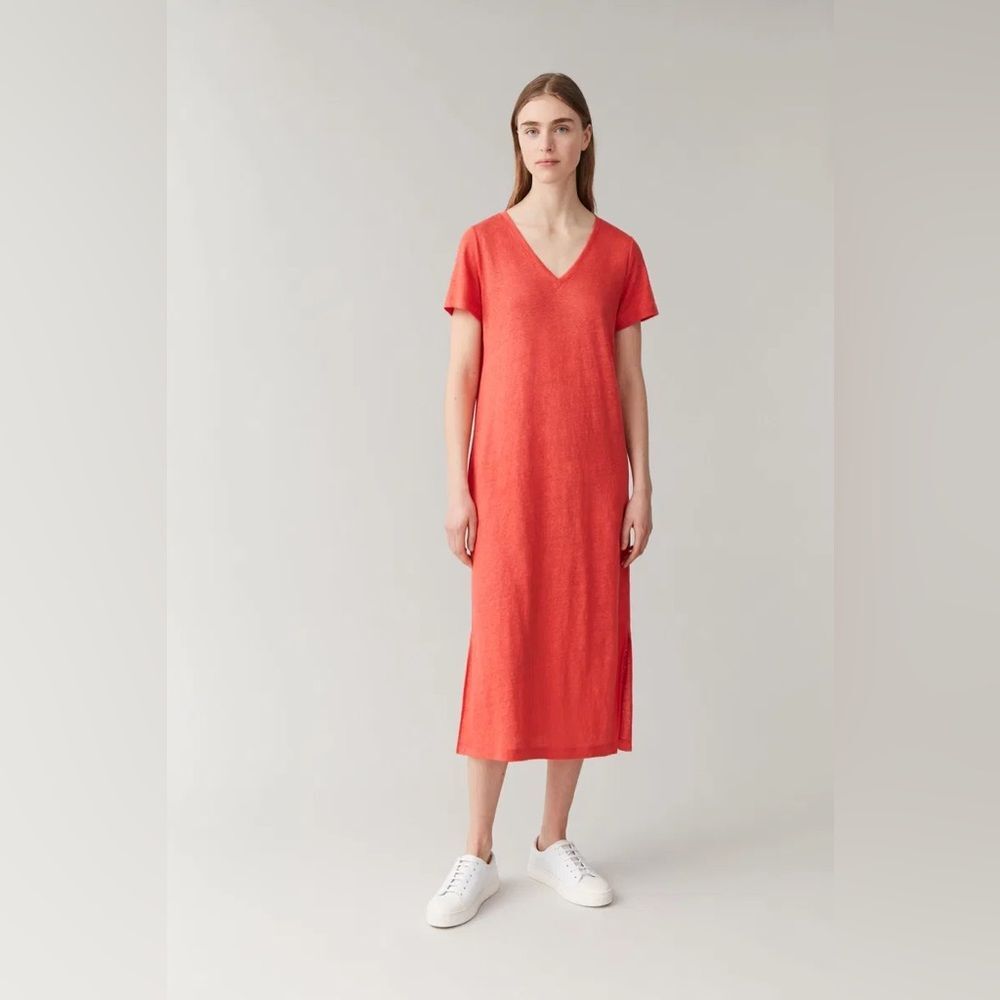 COS Linen Short Sleeve V Neck T-Shirt Dress in Orange  Red M NWOT